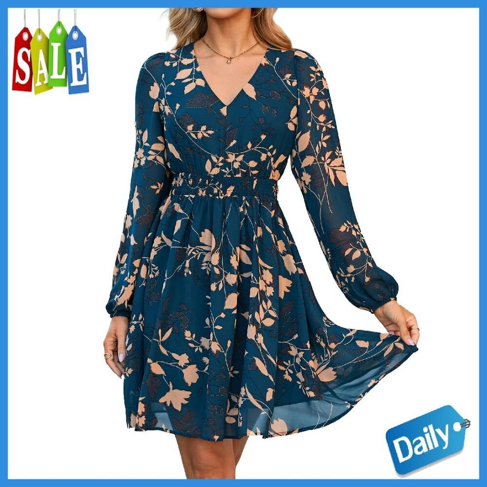 Long Sleeve Chiffon Mini Dress Boho Flowy Wedding Guest Casual